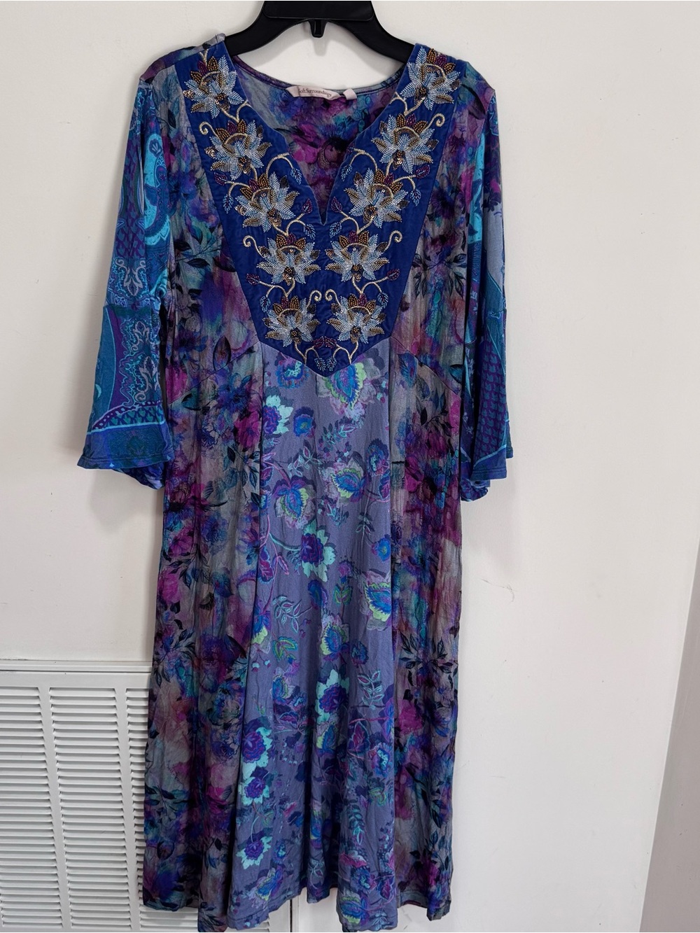 Soft Surroundings Cantina Floral Boho Midi Dress Blue Hand Beaded Size PM medium